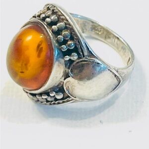 Vintage Silver Ring with Amber Stone Size 4.5